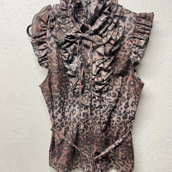 Lapis animal print cheetah ruffle belted sleeveless blouse top button front M - Picture 3 of 8